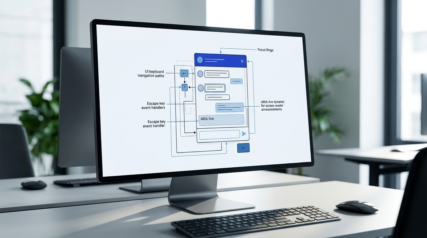 Architekturdiagramm eines barrierefreien Chat-Widgets mit Tastaturfokus, Escape-Handler und ARIA-Live-Region für Screenreader