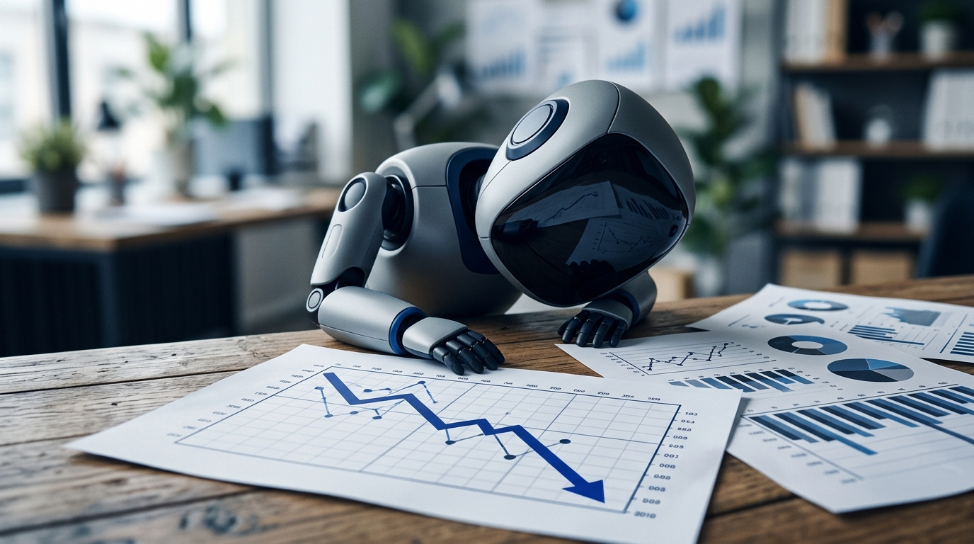 Ein scheiternder Roboter auf einem Schreibtisch neben Diagrammen, die einen Abwärtstrend zeigen, symbolisiert planlos eingeführte Chatbot-Projekte im Kundensupport.