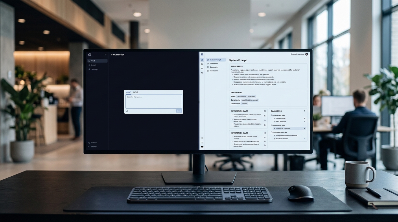 Ein geteilter Bildschirm: Links ein vager Prompt, rechts ein präziser System-Prompt mit konkreten Regeln für den Support-Agenten.