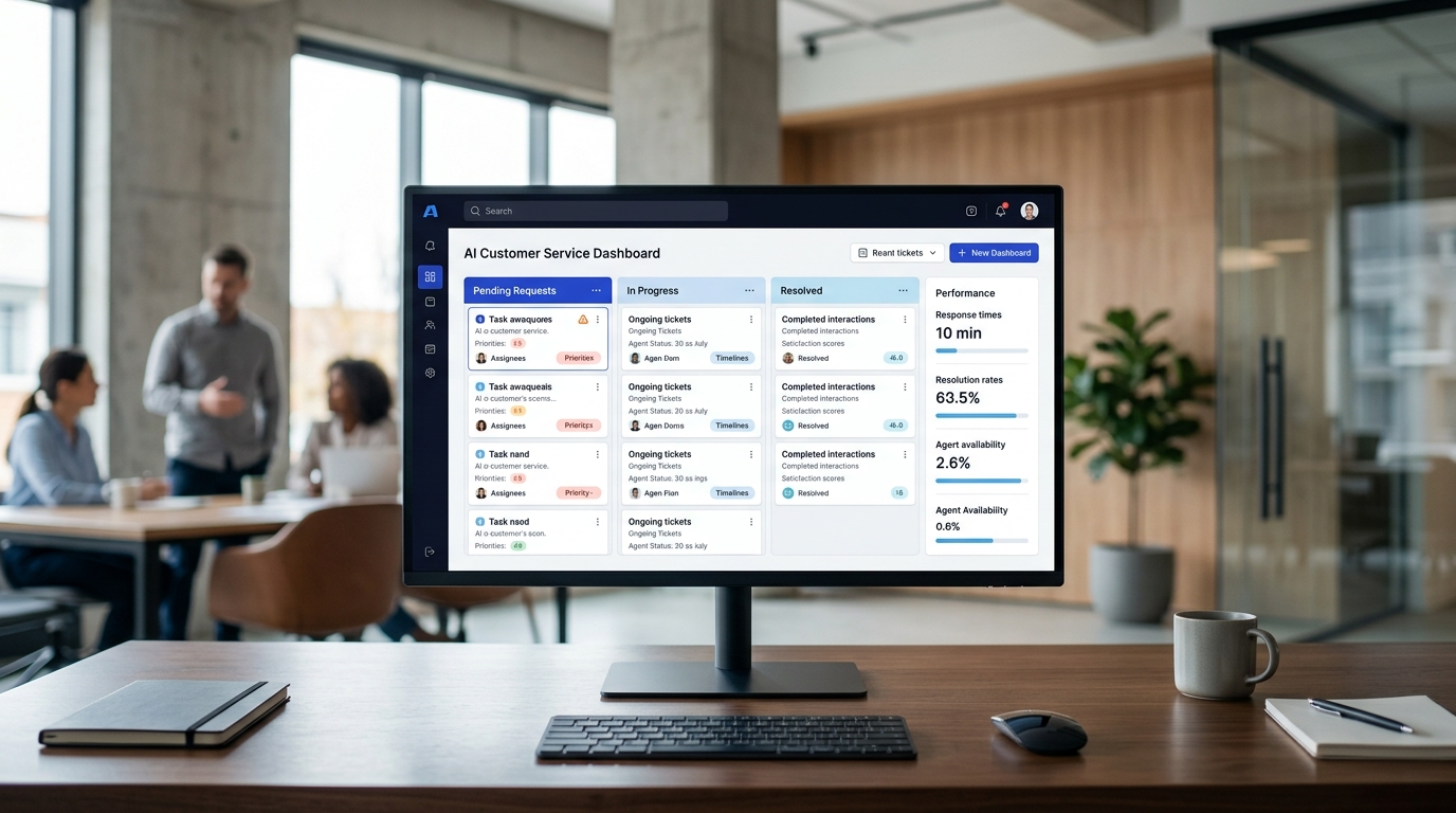 Ein aufgeräumter digitaler Posteingang einer KI-Software für den Kundenservice, der Zuweisungen und Metriken anzeigt, symbolisch für die Zusammenarbeit mit dem Betriebsrat.