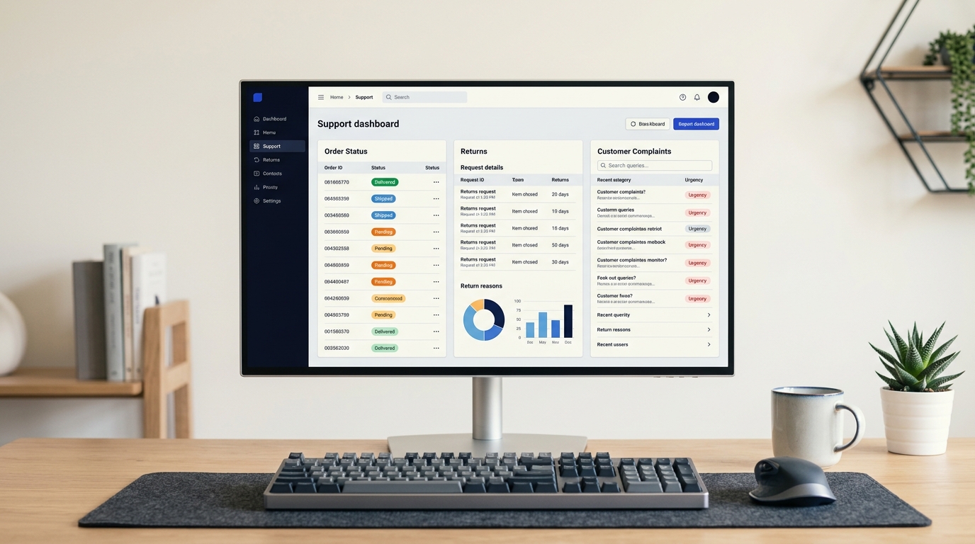 Ein Dashboard eines Onlineshops, das E-Commerce-Tickets nüchtern in die Kategorien Bestellstatus, Retouren und Reklamationen unterteilt.