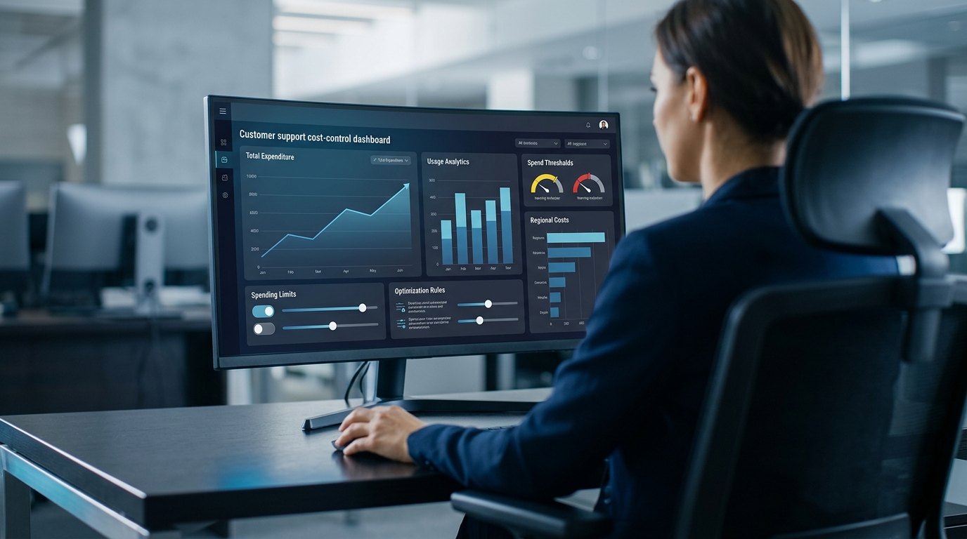 Painel de controlo de custos com contador de utilização em tempo real, limiares de aviso e interruptores para limites máximos rígidos no apoio ao cliente.