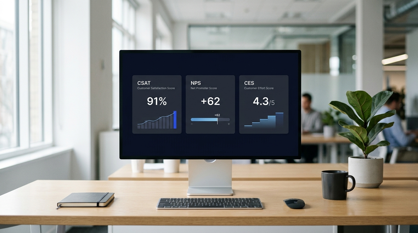 Ein minimalistisches Dashboard, das die drei Kennzahlen CSAT, NPS und CES im Kundensupport nebeneinander visualisiert.