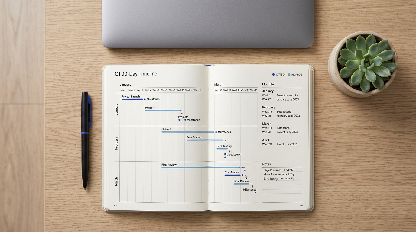 Ein strukturierter Kalender mit Markierungen für die ersten 90 Tage eines Projekts zur Support-Automatisierung.