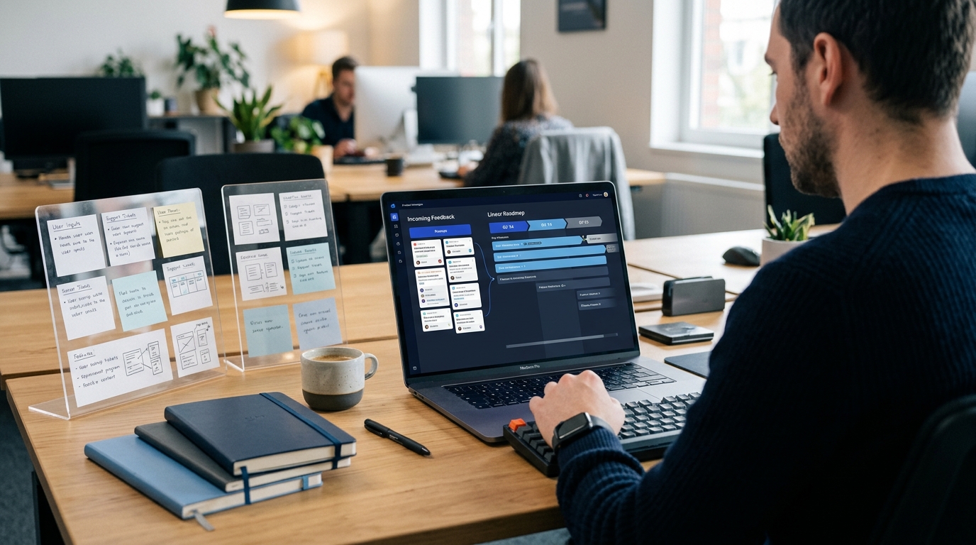 Eine visuelle Darstellung eines nahtlosen Prozesses, bei dem eine Support-Anfrage strukturiert gefiltert wird und direkt in eine übersichtliche Produkt-Roadmap übergeht.