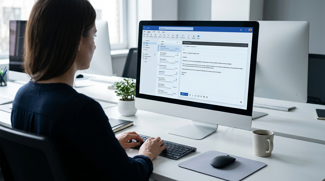 Ein aufgeräumter Posteingang im Kundenservice, in dem ein Support-Mitarbeiter eine präzise, personalisierte Antwort aus einem Textbaustein erstellt.