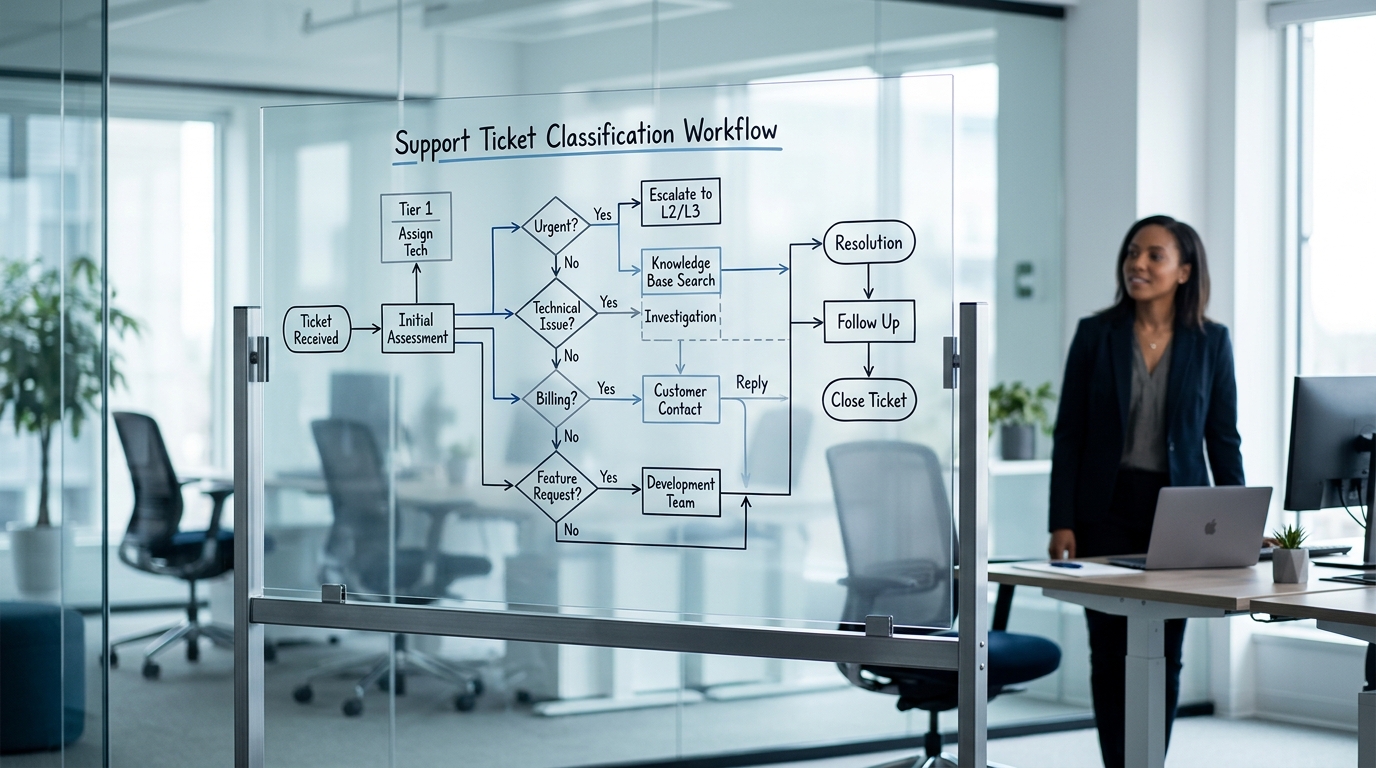 Workflow-Diagramm: Eingehendes Ticket wird automatisiert klassifiziert, mit internem Wissen abgeglichen und direkt beantwortet oder an den Menschen übergeben.