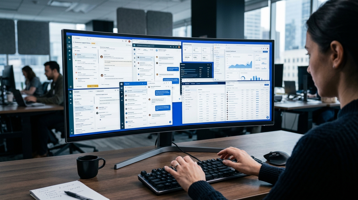 Herramientas de soporte fragmentadas en un monitor, que visualizan el concepto de toggle tax y el tiempo de resolución perdido.