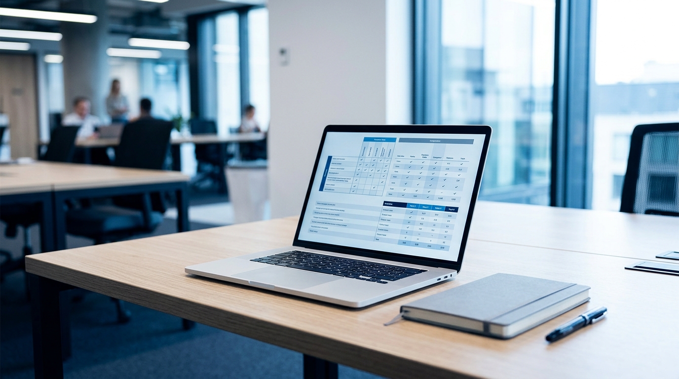 Ein aufgeräumter Schreibtisch mit einem Laptop, auf dem ein strukturiertes Kriterienraster für den Vergleich von Support-Software geöffnet ist.