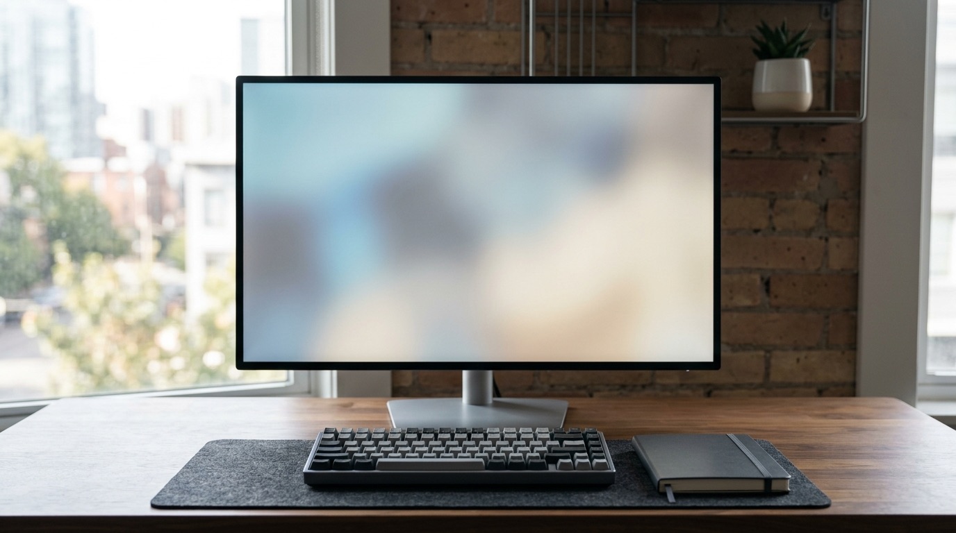 Uma secretária arrumada com um monitor grande que mostra apenas manchas de cor suaves e desfocadas, à frente um teclado e um caderno fechado, atrás uma parede de tijolo e uma janela
