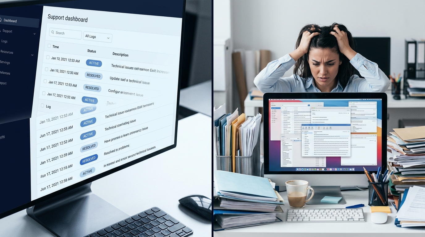 Uno schermo diviso mostra a sinistra una dashboard di supporto ordinata con log chiari e a destra una persona frustrata davanti a un cumulo di dati non strutturati.